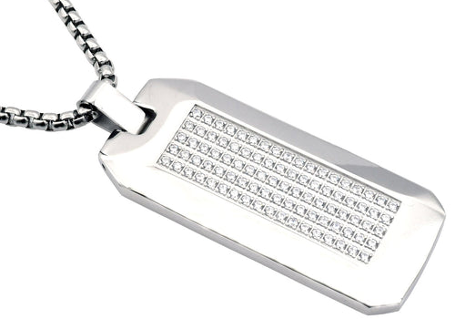 Mens Stainless Steel CZ Dog Tag Pendant Necklace With 24