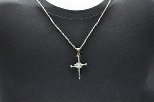 Mens Stainless Steel Nail Cross Pendant With Cubic Zirconia and 24" Rope Chain - Blackjack Jewelry