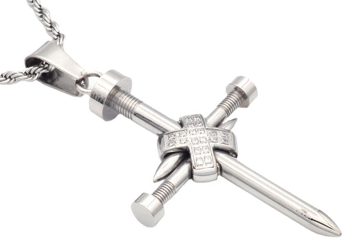 Mens Stainless Steel Nail Cross Pendant With Cubic Zirconia and 24
