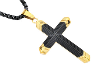 Mens Two-Toned Black with Gold Tipped Stainless Steel Cross Pendant With 24" Box Chain - Blackjack Jewelry