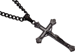 Mens Black Stainless Steel Crucifix Cross Pendant With 24" Curb Chain - Blackjack Jewelry
