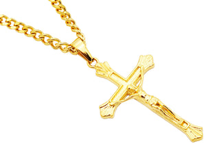 Mens Gold Stainless Steel Crucifix Cross Pendant With 24" Curb Chain - Blackjack Jewelry