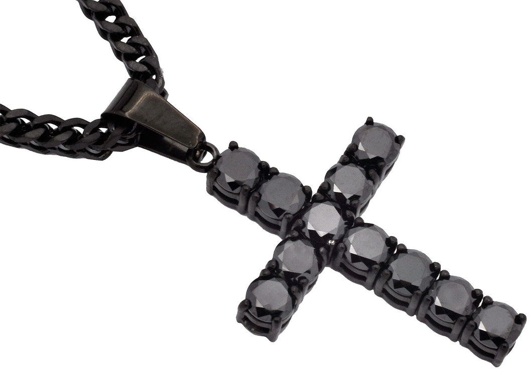 Mens Black Stainless Steel Cross Pendant With Black Cubic Zirconia Embedded - Blackjack Jewelry