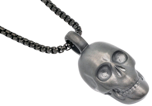 Mens Gun Metal Stainless Steel Skull Pendant Necklace With 24