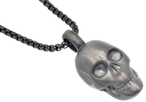 Mens Gun Metal Stainless Steel Skull Pendant Necklace With 24" Box Chain - Blackjack Jewelry