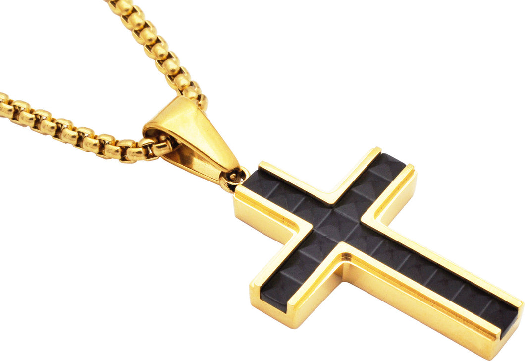 Mens Gold & Black Stainless Steel Cross Pendant With 24