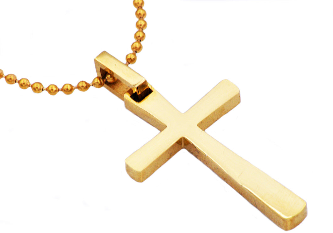 Mens Gold Stainless Steel Small Cross Pendant Necklace - Blackjack Jewelry