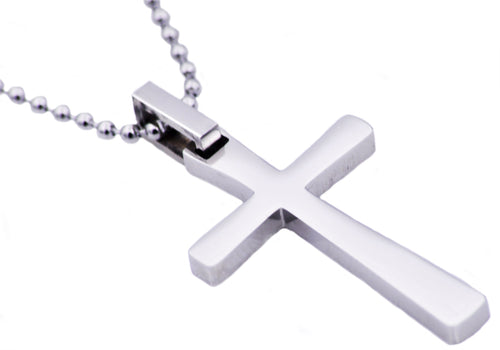 Mens Polished Stainless Steel Small Cross Pendant Necklace - Blackjack Jewelry