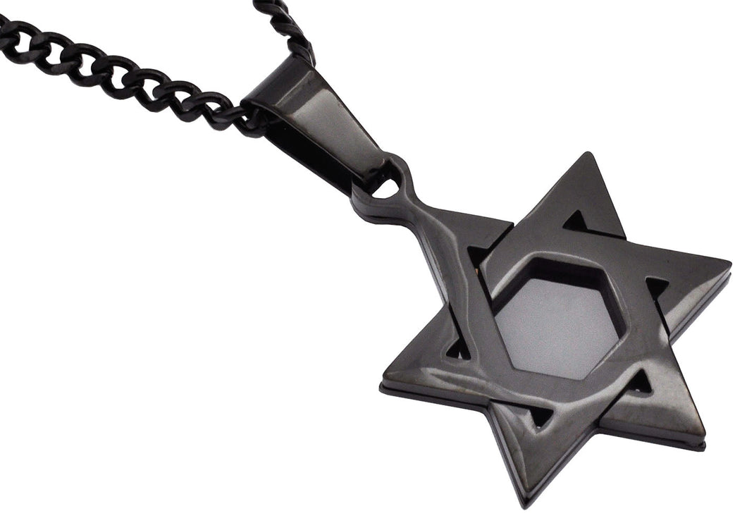 Mens Black Stainless Steel Star Of David Pendant Necklace