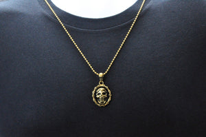 Mens Black And Gold Stainless Steel Biker Skull Pendant Necklace With 24" Bead Chain - Blackjack Jewelry