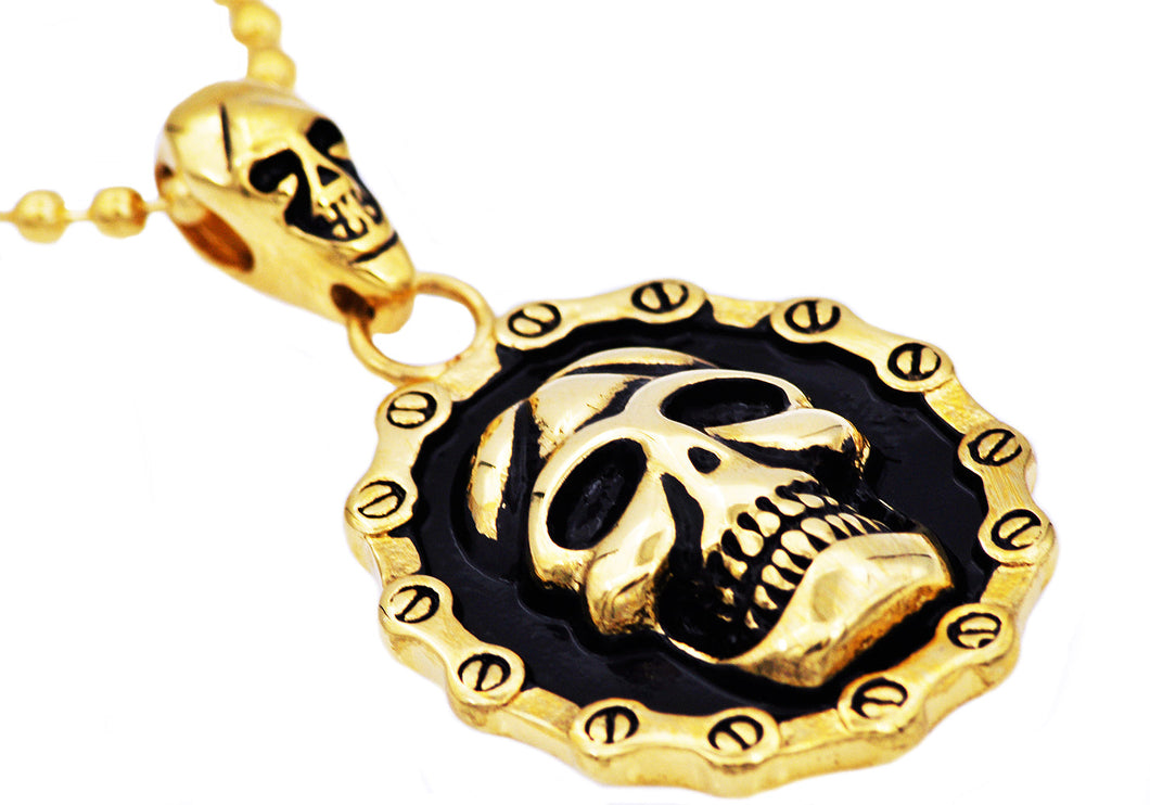 Mens Black And Gold Stainless Steel Biker Skull Pendant Necklace With 24