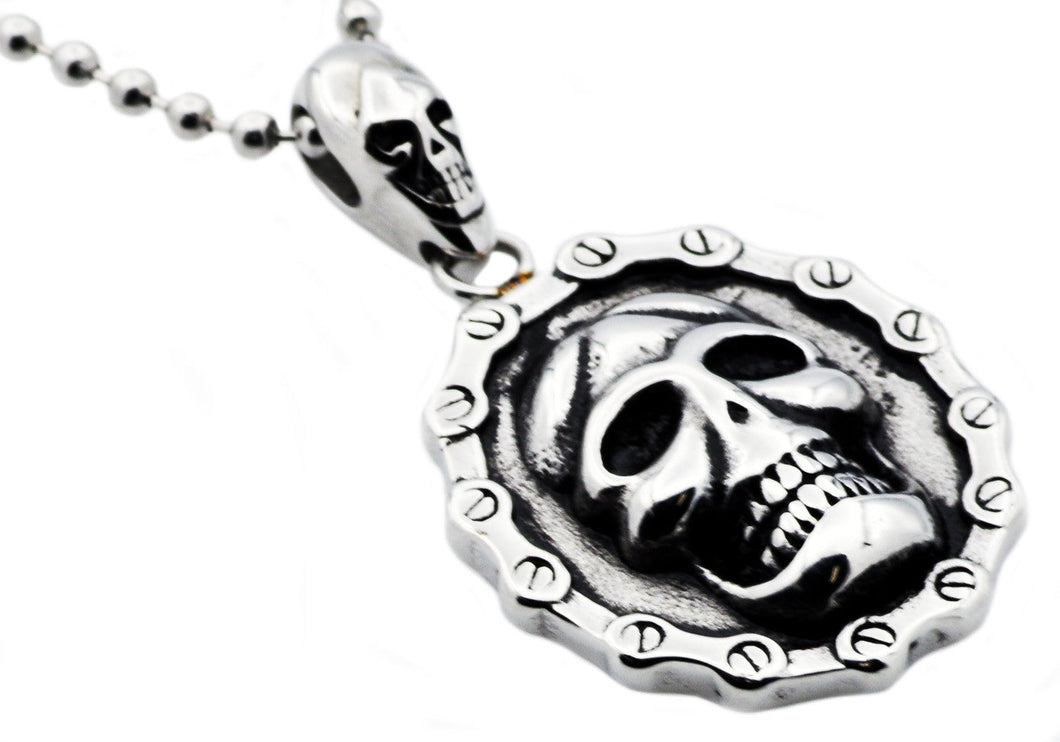Mens Stainless Steel Biker Skull Pendant Necklace - Blackjack Jewelry