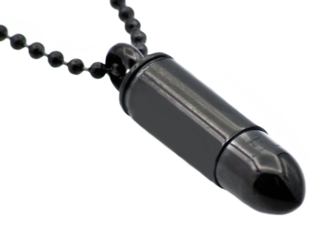 Mens Black Stainless Steel Bullet Pendant Necklace - Blackjack Jewelry