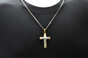 Mens Two Tone Gold Stainless Steel Crucifix Pendant Necklace - Blackjack Jewelry