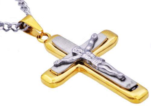 Mens Two Tone Gold Stainless Steel Crucifix Pendant Necklace - Blackjack Jewelry