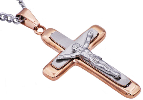 Mens Two Tone Rose Stainless Steel Crucifix Pendant Necklace - Blackjack Jewelry