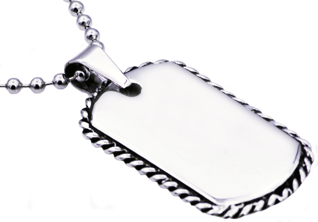 Mens Rope Border Stainless Steel Dog Tag Pendant Necklace - Blackjack Jewelry