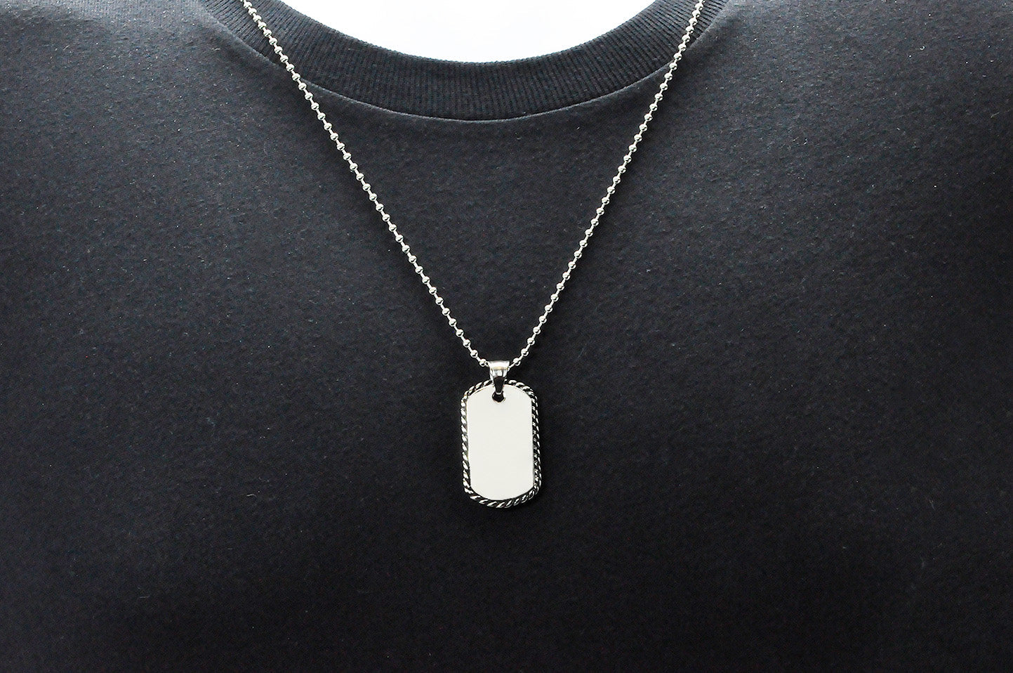Mens Rope Border Stainless Steel Dog Tag Pendant Necklace