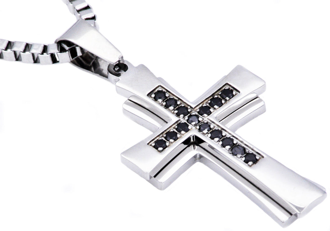 Mens Stainless Steel Cross Pendant Necklace With Black Cubic Zirconia - Blackjack Jewelry