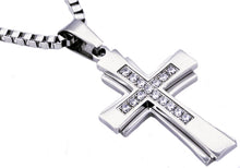 Load image into Gallery viewer, Mens Stainless Steel Cross Pendant Necklace With Cubic Zirconia - Blackjack Jewelry
