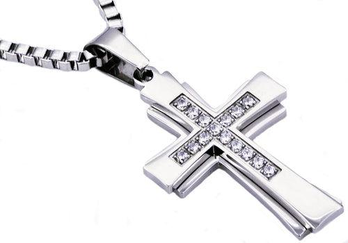 Mens Stainless Steel Cross Pendant Necklace With Cubic Zirconia - Blackjack Jewelry