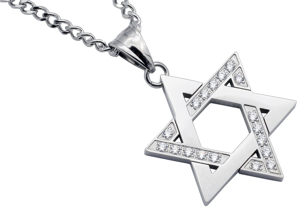 Mens Stainless Steel Star Of David Pendant With Cubic Zirconia