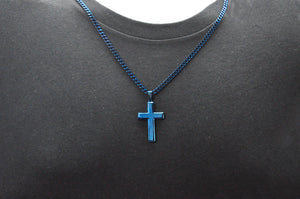 Mens Blue Stainless Steel Cross Pendant Necklace