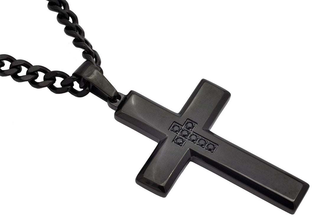Mens Black Stainless Steel Cross Pendant Necklace With Black Cubic Zirconia - Blackjack Jewelry