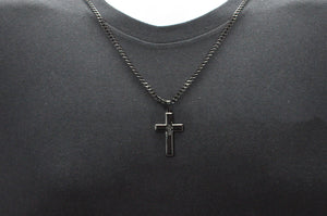 Mens Black Stainless Steel Cross Pendant Necklace With Black Cubic Zirconia