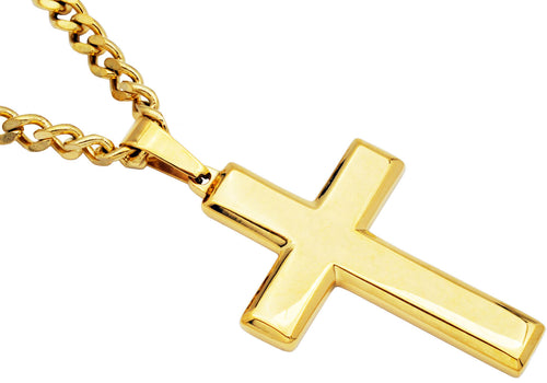 Mens Gold Stainless Steel Cross Pendant Necklace - Blackjack Jewelry