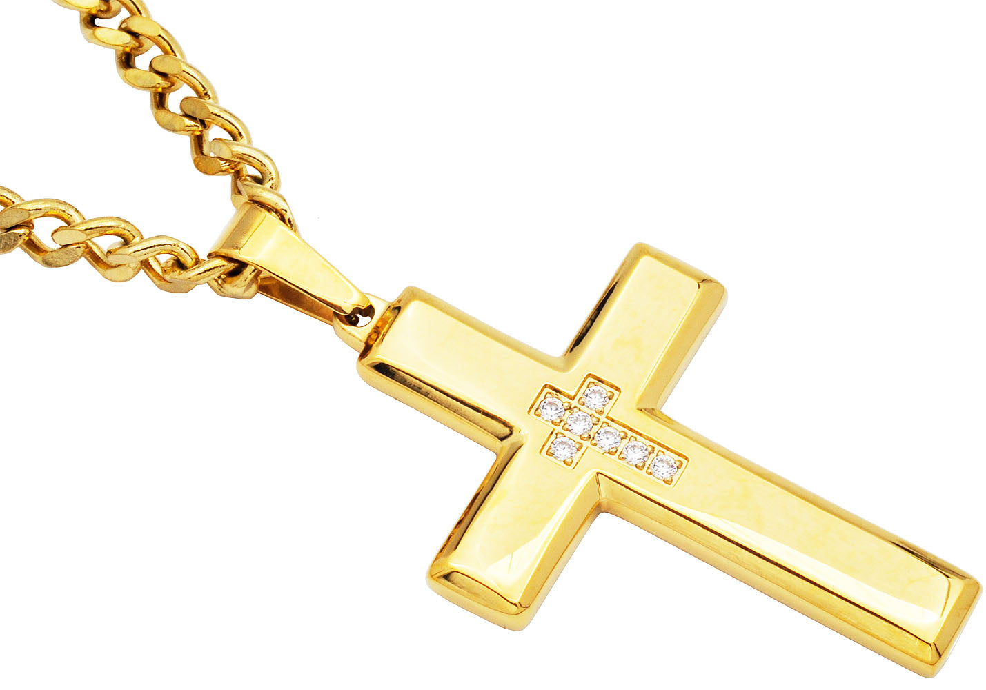 Mens Gold Stainless Steel Cross Pendant Necklace With Cubic Zirconia