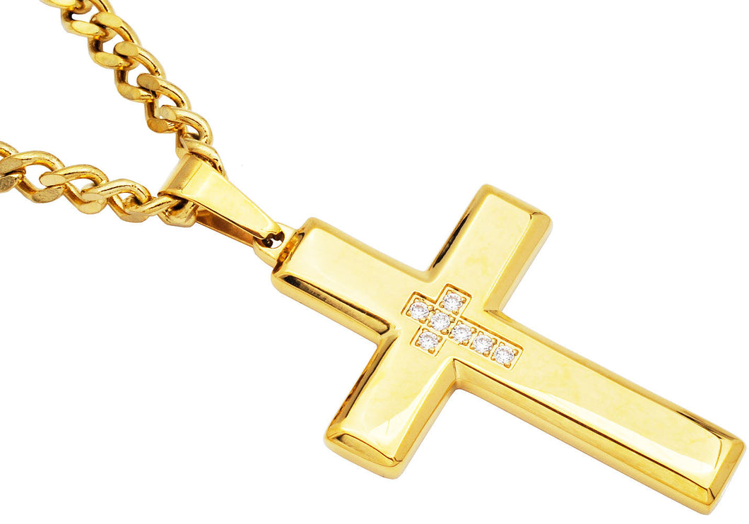 Mens Gold Stainless Steel Cross Pendant Necklace With Cubic Zirconia - Blackjack Jewelry