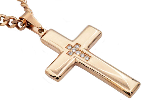Mens Rose Stainless Steel Cross Pendant necklace With Cubic Zirconia - Blackjack Jewelry