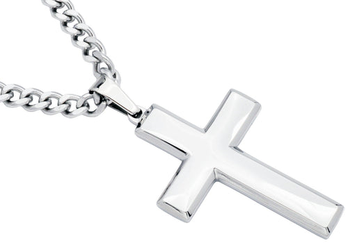 Mens Polished Stainless Steel Cross Pendant Necklace - Blackjack Jewelry