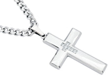 Load image into Gallery viewer, Mens Polished Stainless Steel Cross Pendant Necklace With Cubic Zirconia - Blackjack Jewelry
