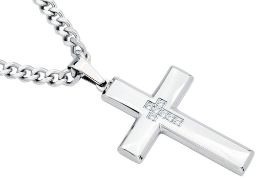 Mens Polished Stainless Steel Cross Pendant Necklace With Cubic Zirconia - Blackjack Jewelry