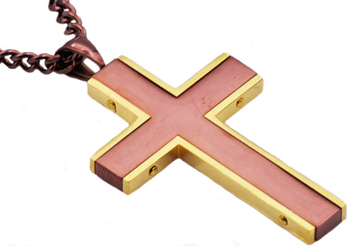 Mens Chocolate And Gold Stainless Steel Cross Pendant Necklace With 24