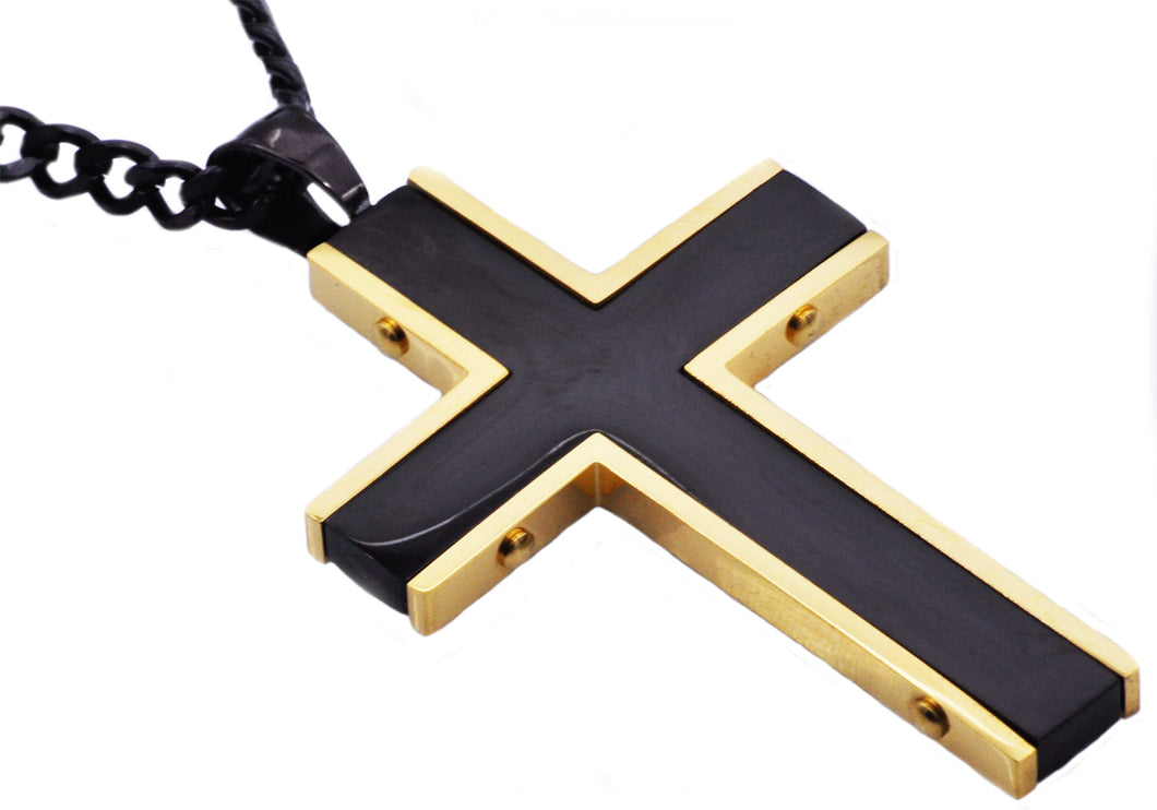 Mens Black And Gold Stainless Steel Cross Pendant Necklace - Blackjack Jewelry