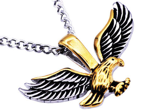 Mens Gold Stainless Steel Eagle Pendant Necklace With 24