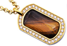 Load image into Gallery viewer, Mens Gold Stainless Steel Tiger Eye Dog Tag Pendant With Cubic Zirconia And 24&quot; Rolo Chain - Blackjack Jewelry
