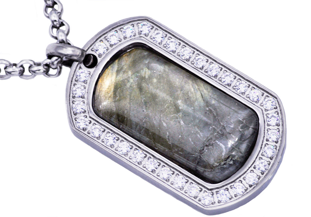 Mens Stainless Steel Labradorite Dog Tag Pendant - Blackjack Jewelry