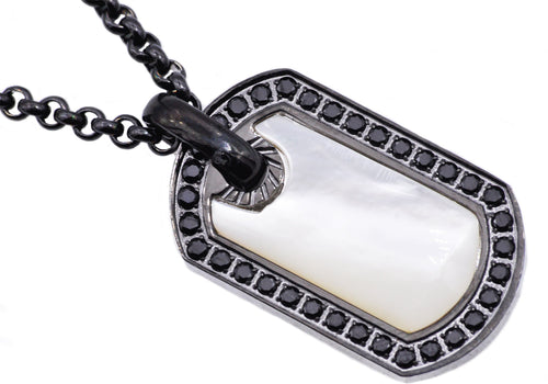 Mens Genuine Mother Of Pearl Black Stainless Steel Dog Tag Pendant With Black Cubic Zirconia - Blackjack Jewelry