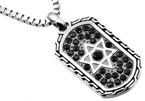 Mens Black Stainless Steel Star Of David Dog Tag Pendant With Black Cubic Zirconia - Blackjack Jewelry