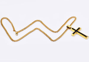 Mens Carbon Fiber Gold Stainless Steel Cross Pendant - Blackjack Jewelry