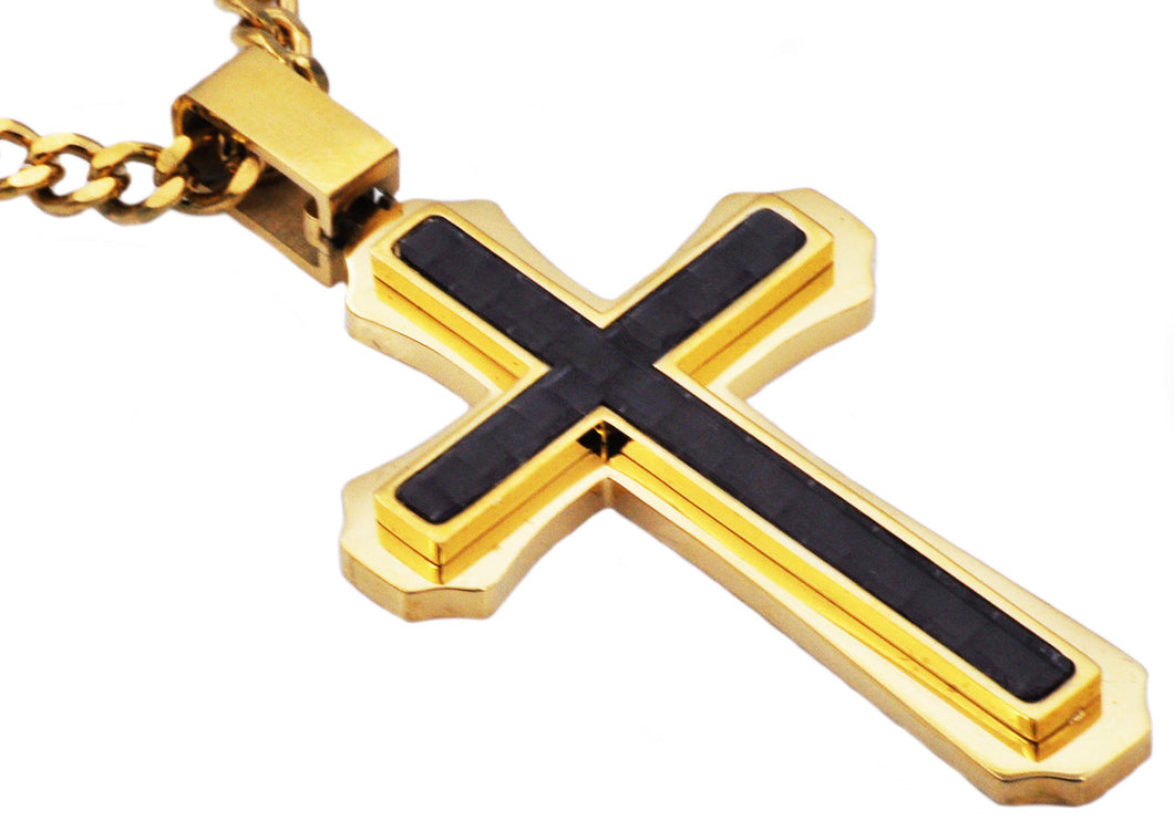 Mens Carbon Fiber Gold Stainless Steel Cross Pendant - Blackjack Jewelry