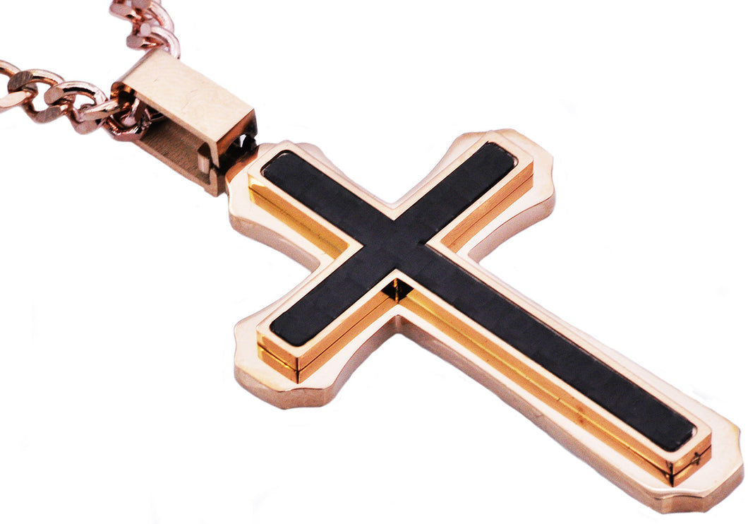 Mens Carbon Fiber Rose Stainless Steel Cross Pendant - Blackjack Jewelry