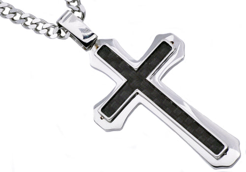 Mens Carbon Fiber Stainless Steel Cross Pendant - Blackjack Jewelry