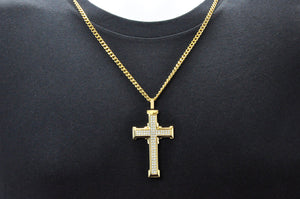 Mens Gold Stainless Steel Cross Pendant With Cubic Zirconia