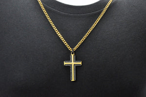 Mens Black And Gold Stainless Steel Cross Pendant Necklace With Black Cubic Zirconia - Blackjack Jewelry