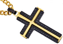 Load image into Gallery viewer, Mens Black And Gold Stainless Steel Cross Pendant Necklace With Black Cubic Zirconia - Blackjack Jewelry
